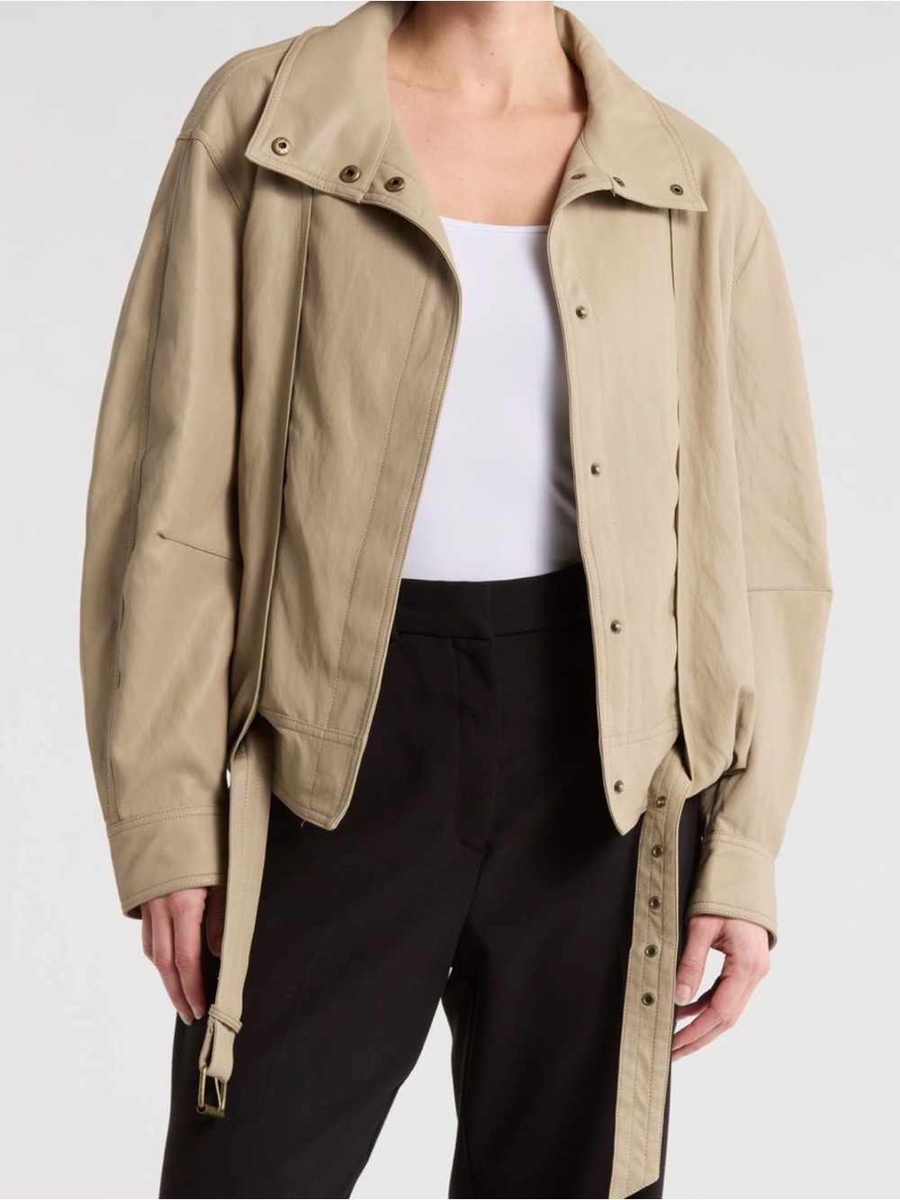 Max Studio Women's Beige Leather Funnel Neck Bomber Jacket